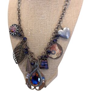 Vintage Charm Necklace with Blue and Bronze Accents